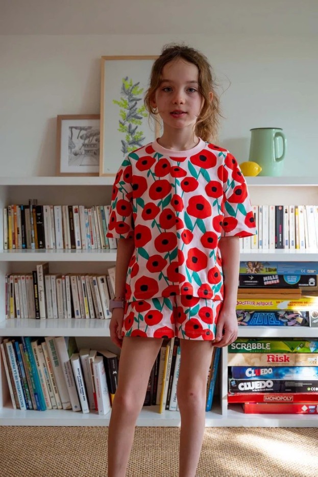 Pyjama enfant coton imprimé coquelicots rose