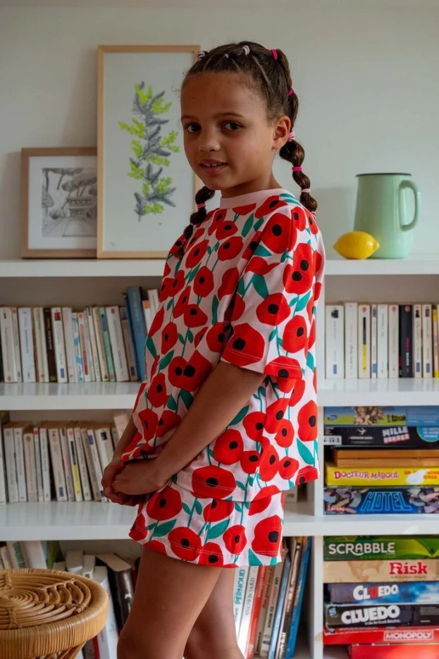 Pyjama enfant coton imprimé coquelicots rose