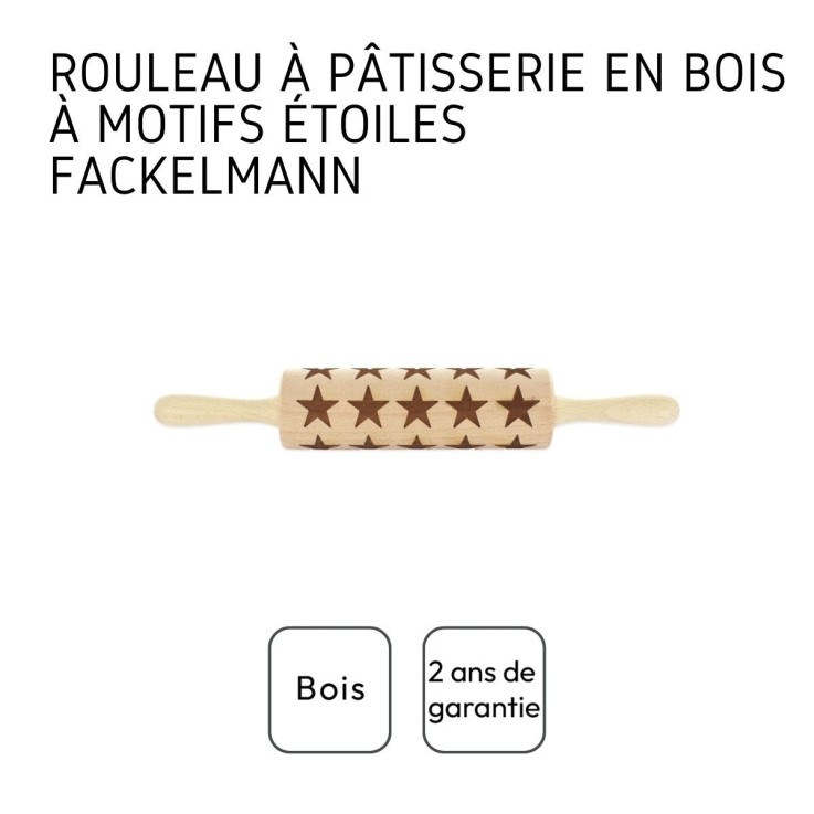 Rouleau à pâtisserie en bois motif étoiles 40 cm Fackelmann Noël