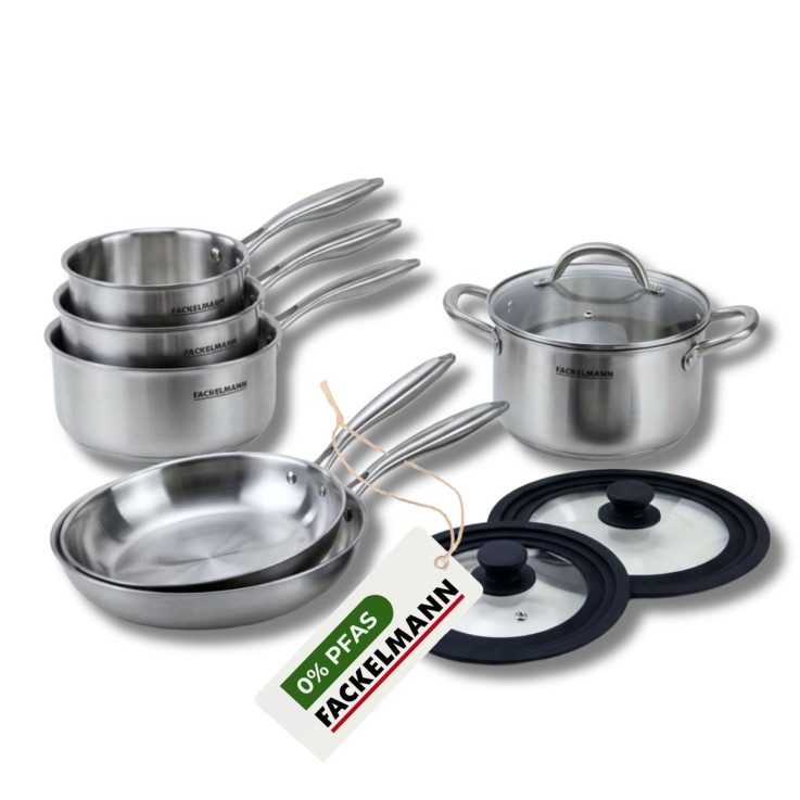 Poêles à Frire 24 et 28 cm, Casseroles 14 et 18 cm, Faitout 20 cm inox 18/10 Triply et 2 couvercles Fackelmann Vita3