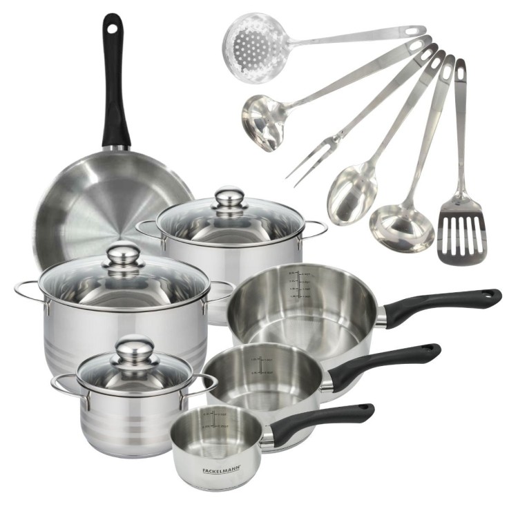 Set 1 poêle 24 cm 3 casseroles 12 16 20 cm, 3 faitouts 16, 20 et 24 cm en inox et 6 ustensiles inox Fackelmann Geneva