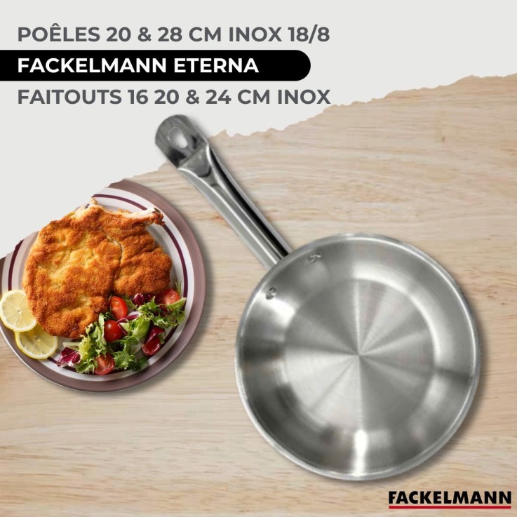 Set 2 poêles 20 et 28 cm en inox, 3 faitouts inox 16, 20 et 24 cm et 6 ustensiles inox Fackelmann Eterna