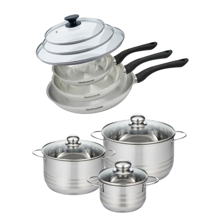 Set de 3 poêles 20 24 et 28 cm en inox et couvercles, 3 faitouts inox 16, 20 et 24 cm Fackelmann Geneva