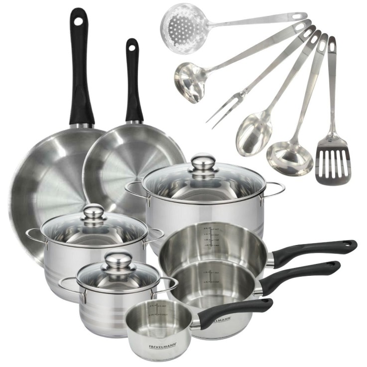 Set 2 poêles 20 28 cm 3 casseroles 12 16 20 cm, 3 faitouts 16, 20 et 24 cm en inox et 6 ustensiles inox Fackelmann Geneva