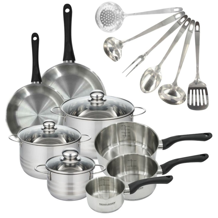 Set 2 poêles 20 24 cm 3 casseroles 12 16 20 cm, 3 faitouts 16, 20 et 24 cm en inox et 6 ustensiles inox Fackelmann Geneva