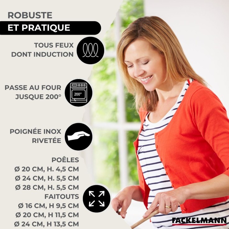 Set 3 poêles 20, 24 et 28 cm en inox et couvercles, 3 faitouts inox 16, 20 et 24 cm et 6 ustensiles inox Fackelmann Eterna