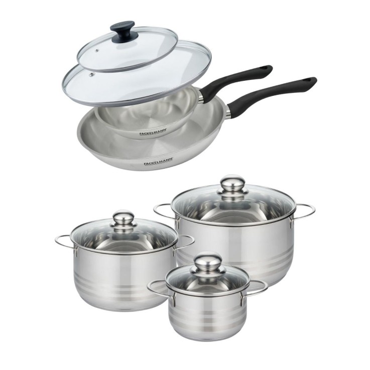 Set de 2 poêles 20 et 28 cm en inox et couvercle, 3 faitouts inox 16, 20 et 24 cm Fackelmann Geneva