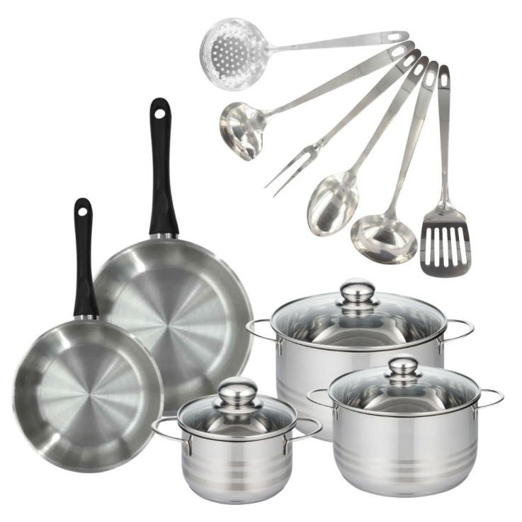 Set 2 poêles 20 24 cm, 3 faitouts 16, 20 et 24 cm en inox et 6 ustensiles inox Fackelmann Geneva