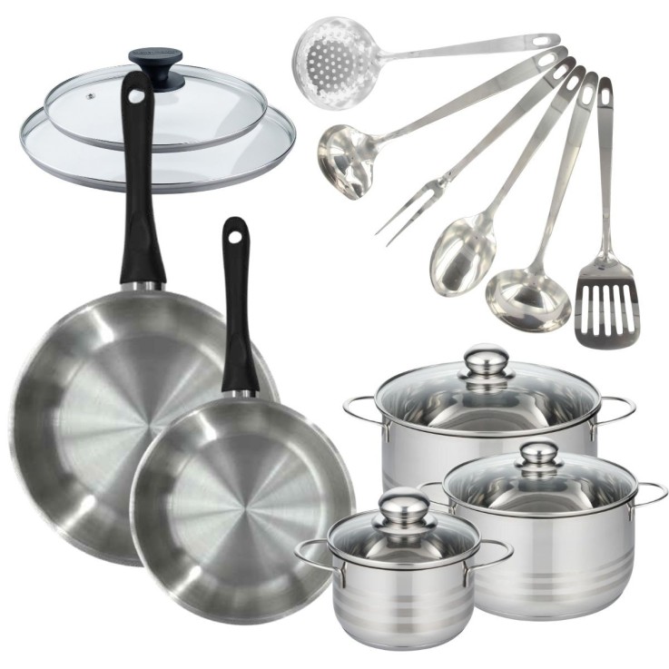 Set de 2 poêles 24, 28 cm inox, couvercles verre, 3 faitouts inox 16, 20 et 24 cm et 6 ustensiles Oxford inox Fackelmann Geneva
