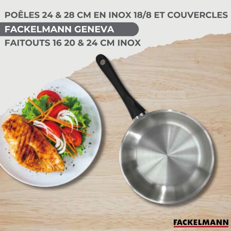 Set de 2 poêles 24, 28 cm inox, couvercles verre, 3 faitouts inox 16, 20 et 24 cm et 6 ustensiles Oxford inox Fackelmann Geneva