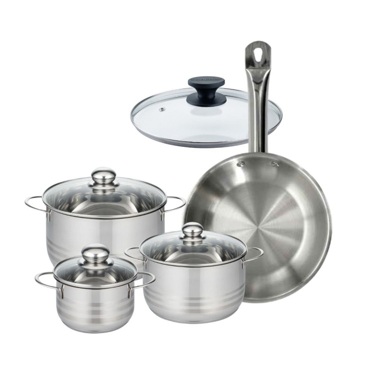 Set 1 poêle 28 cm en inox et 1 couvercle verre, 3 faitouts inox 16, 20 et 24 cm Fackelmann Eterna