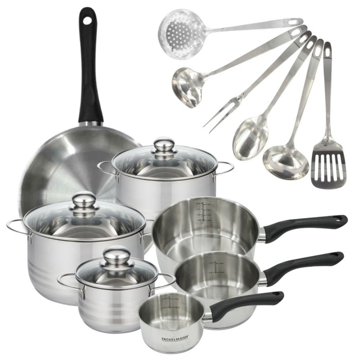 Set 1 poêle 28 cm 3 casseroles 12 16 20 cm, 3 faitouts 16, 20 et 24 cm en inox et 6 ustensiles inox Fackelmann Geneva