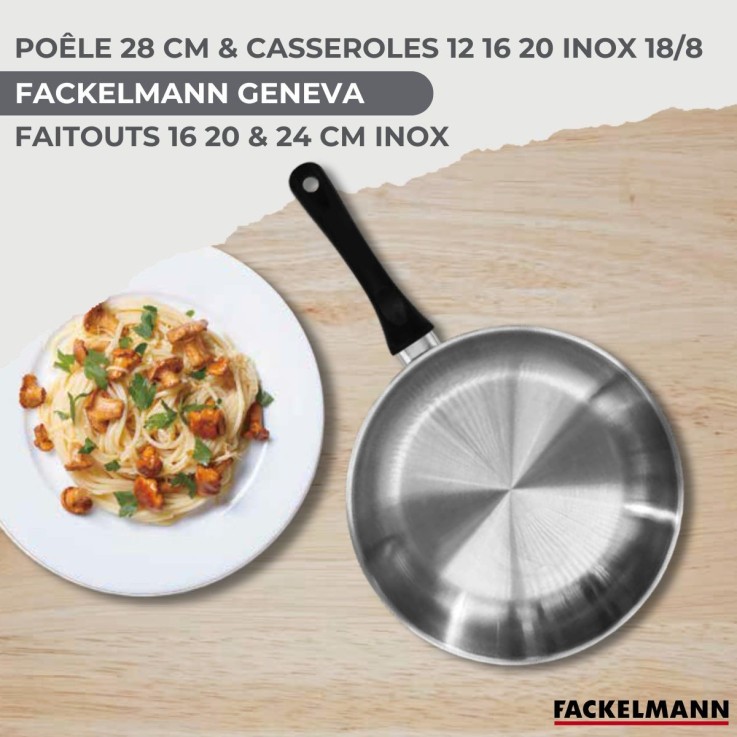 Set 1 poêle 28 cm 3 casseroles 12 16 20 cm, 3 faitouts 16, 20 et 24 cm en inox et 6 ustensiles inox Fackelmann Geneva