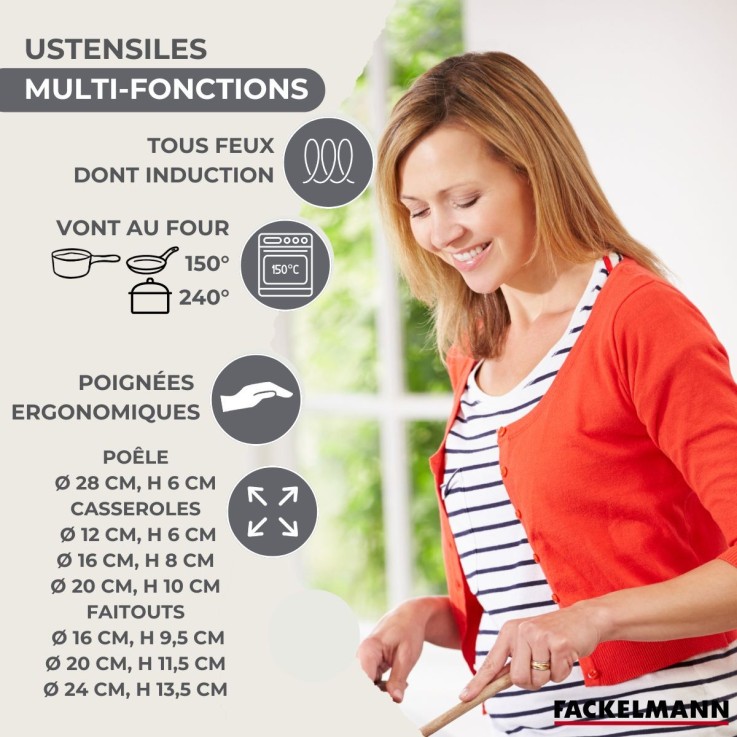 Set 1 poêle 28 cm 3 casseroles 12 16 20 cm, 3 faitouts 16, 20 et 24 cm en inox et 6 ustensiles inox Fackelmann Geneva