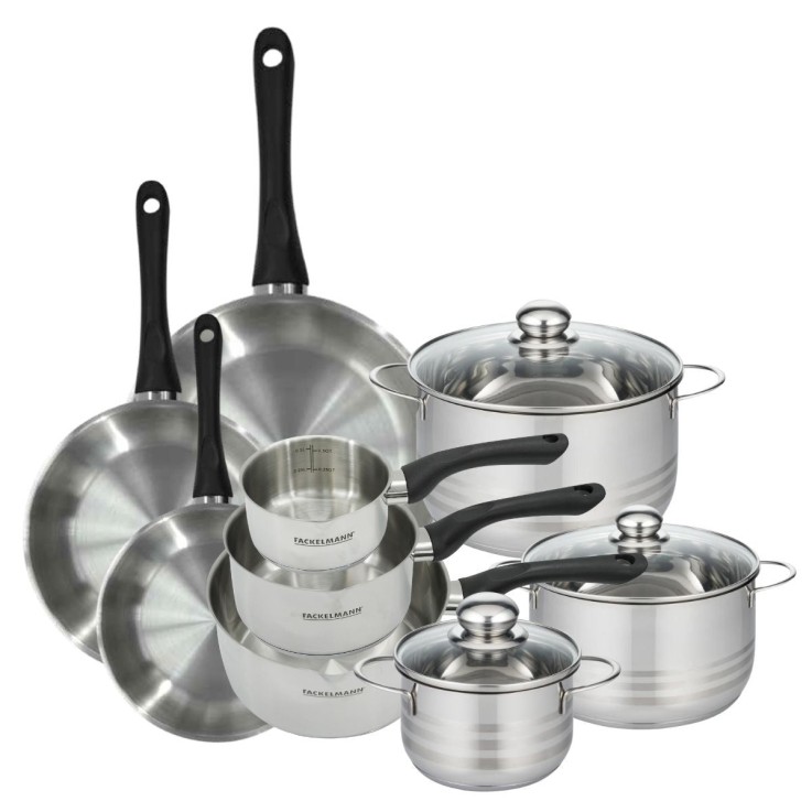 Set de 3 poêles 20 24 28 cm, 3 casseroles 12 16 20 cm et 3 faitouts 16, 20 et 24 cm en inox Fackelmann Geneva