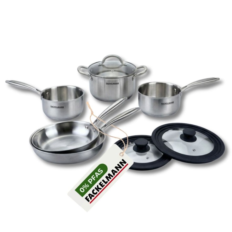 Poêles à Frire 24 et 26 cm, Casseroles 14 et 18 cm, Faitout 20 cm inox 18/10 Triply et 2 couvercles Fackelmann Vita3