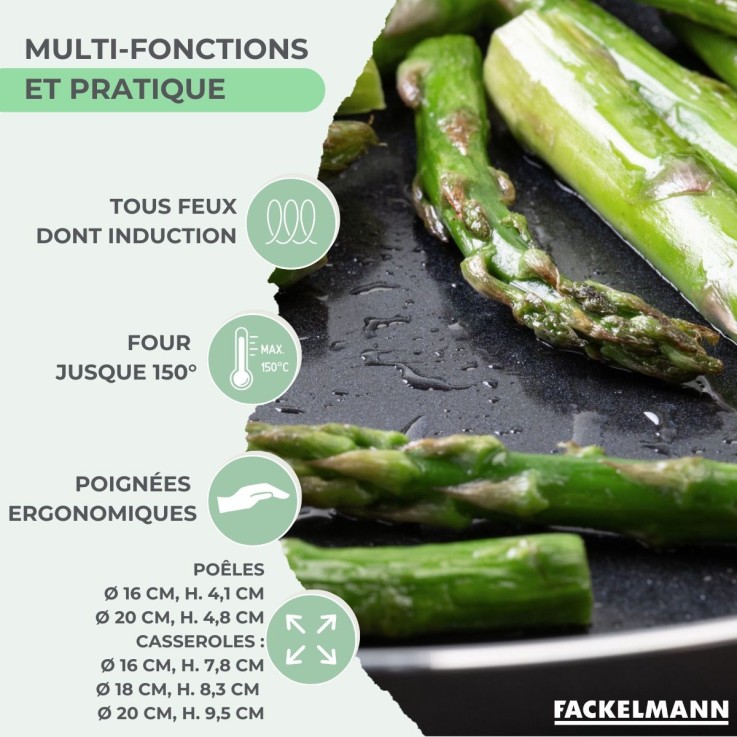 Ensemble de 2 poêles de 16 et 20 cm et 3 casseroles 16, 18 et 20 cm Fackelmann Brandao