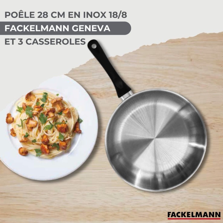 Set poêle 28 cm et 3 casseroles 12 16 et 20 cm en inox Fackelmann Geneva