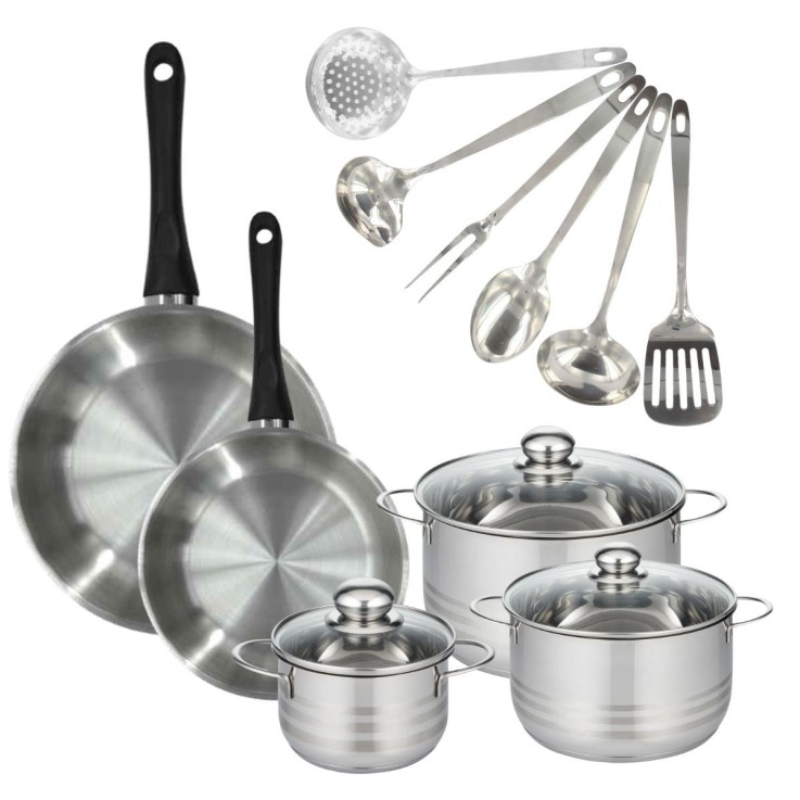 Set 2 poêles 24 28 cm, 3 faitouts 16, 20 et 24 cm en inox et 6 ustensiles inox Fackelmann Geneva