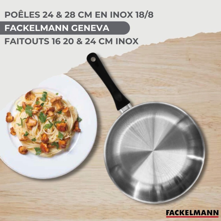 Set 2 poêles 24 28 cm, 3 faitouts 16, 20 et 24 cm en inox et 6 ustensiles inox Fackelmann Geneva