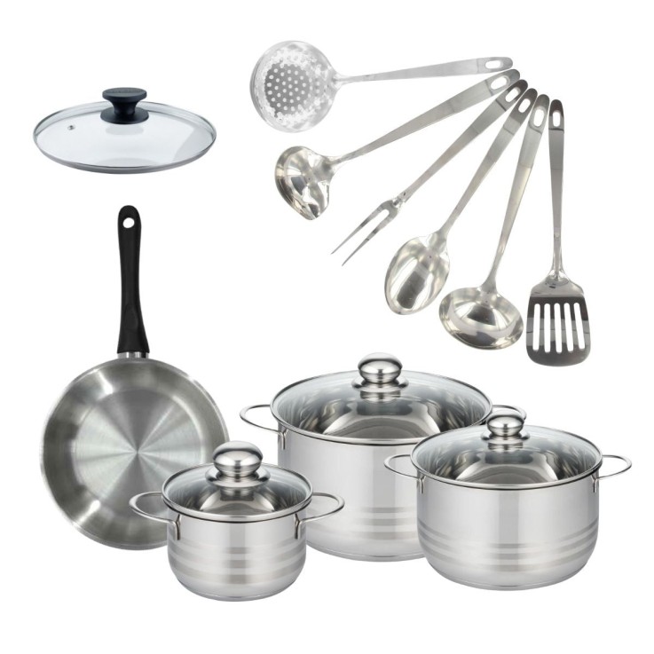 Set de 1 poêle 20 cm inox, couvercle verre, 3 faitouts inox 16, 20 et 24 cm et 6 ustensiles inox Fackelmann Geneva