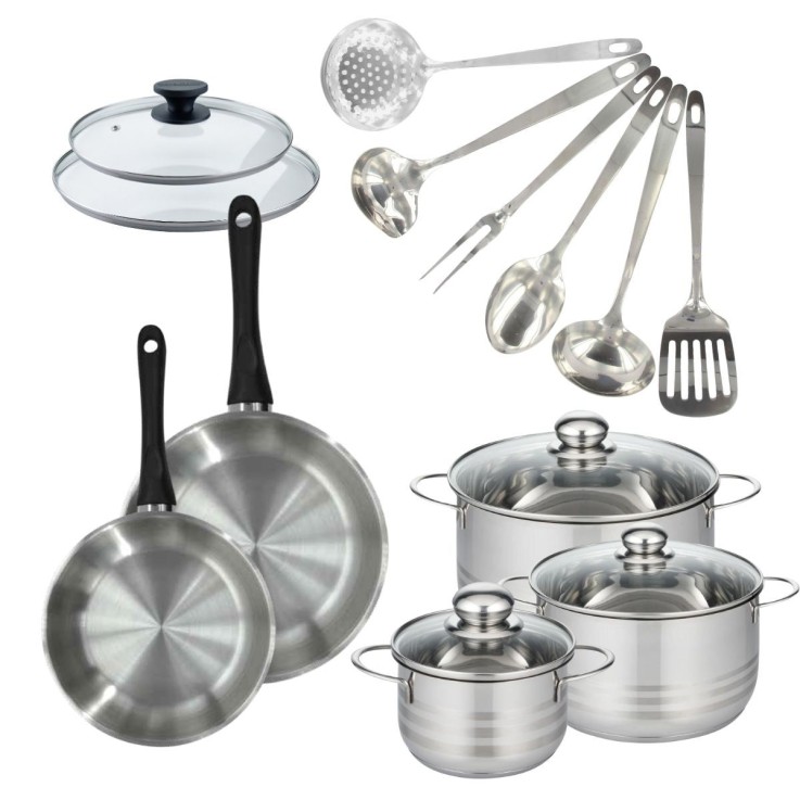 Set de 2 poêles 20, 24 cm inox, couvercles verre, 3 faitouts inox 16, 20 et 24 cm et 6 ustensiles Oxford inox Fackelmann Geneva