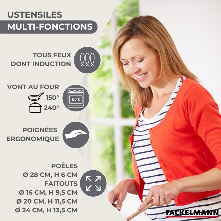 Set de 1 poêle 28 cm en inox et couvercle, 3 faitouts inox 16, 20 et 24 cm Fackelmann Geneva