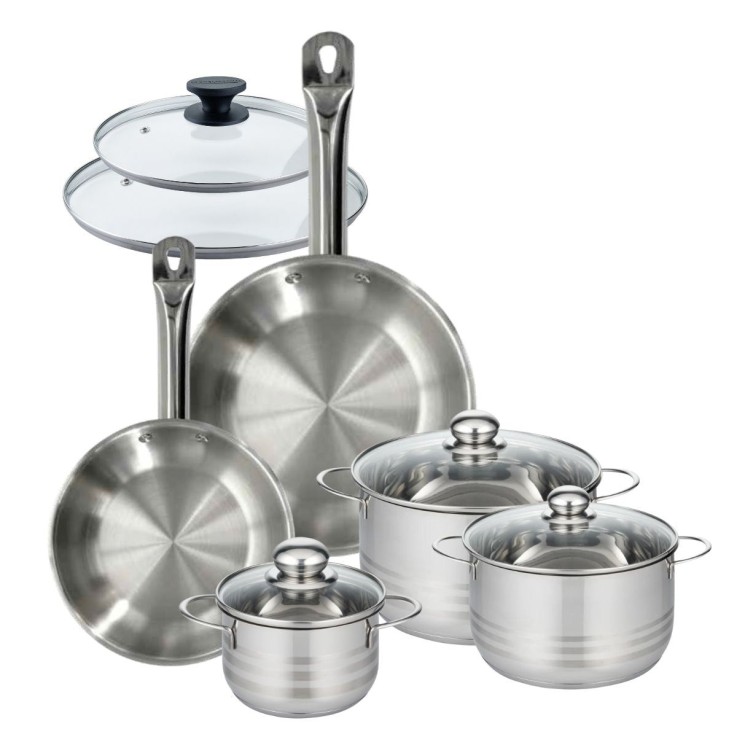 Set 2 poêles 24 28 cm en inox et 2 couvercles verre, 3 faitouts inox 16, 20 et 24 cm Fackelmann Eterna