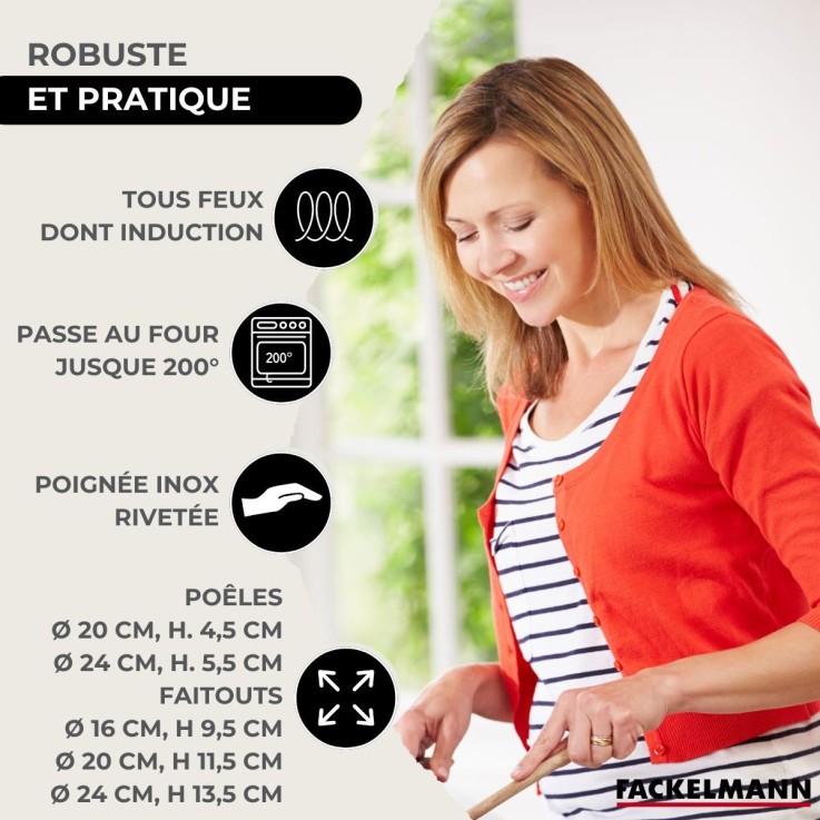 Set 2 poêles 20 et 24 cm en inox et couvercles, 3 faitouts inox 16, 20 et 24 cm et 6 ustensiles inox Fackelmann Eterna