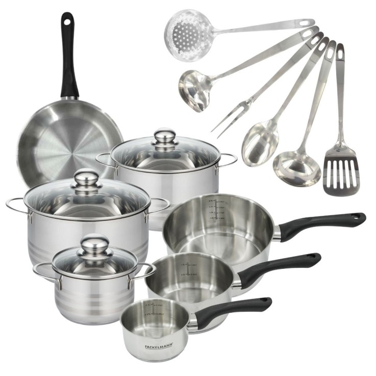 Set 1 poêle 20 cm 3 casseroles 12 16 20 cm, 3 faitouts 16, 20 et 24 cm en inox et 6 ustensiles inox Fackelmann Geneva