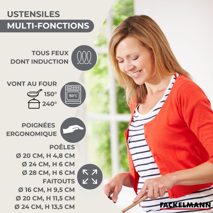 Set de 3 poêles 20, 24 et 28 cm en inox et 3 faitouts inox 16, 20 et 24 cm Fackelmann Geneva
