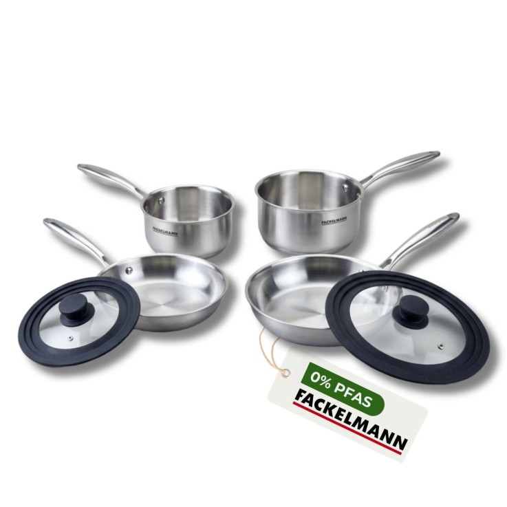 Poêles à Frire 20 et 24 cm Casseroles 14 et 18 cm inox 18/10 Triply et 2 couvercles Fackelmann Vita3