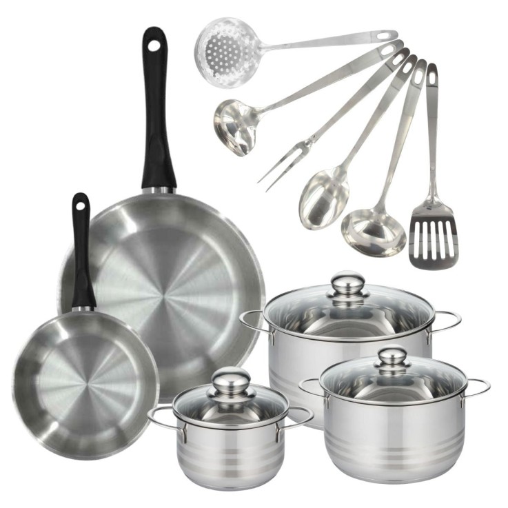 Set 2 poêles 20 28 cm, 3 faitouts 16, 20 et 24 cm en inox et 6 ustensiles inox Fackelmann Geneva