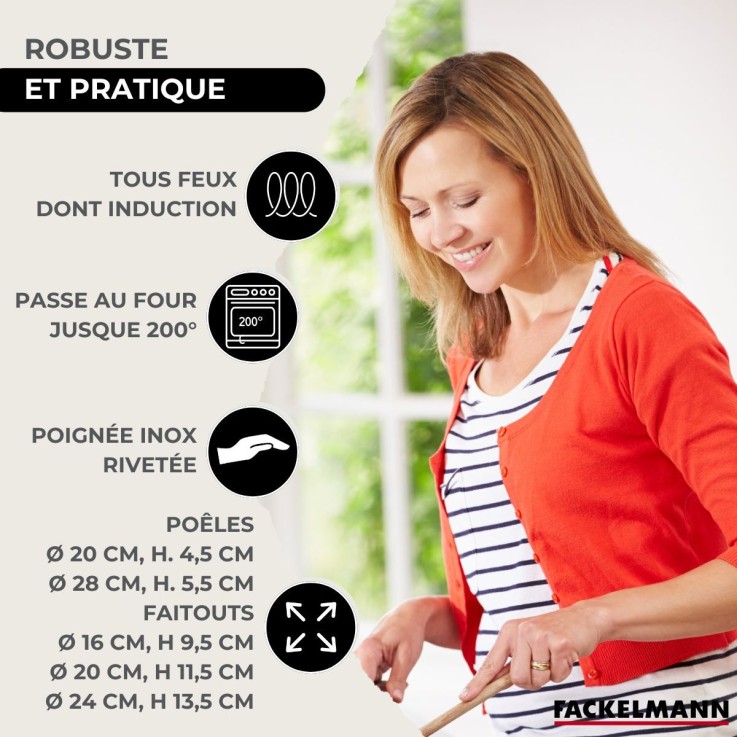 Set 2 poêles 20 et 28 cm en inox et couvercles, 3 faitouts inox 16, 20 et 24 cm et 6 ustensiles inox Fackelmann Eterna