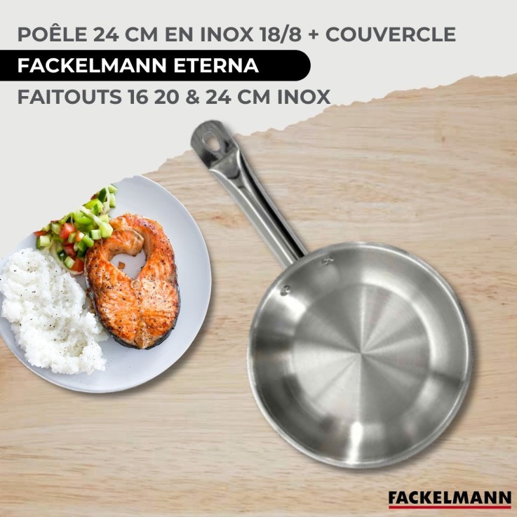 Set 1 poêle 24 cm en inox et 1 couvercle verre, 3 faitouts inox 16, 20 et 24 cm Fackelmann Eterna