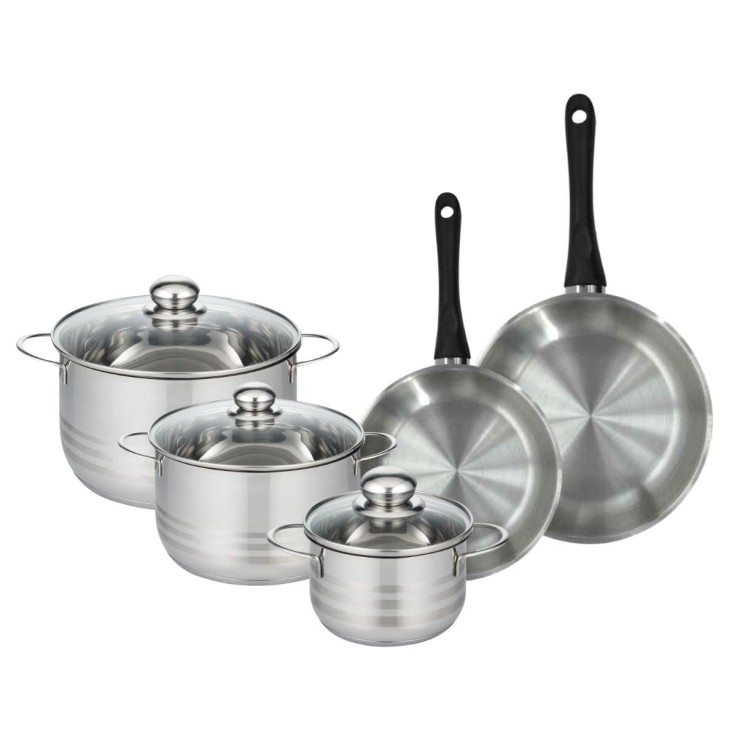 Set de 2 poêles 20 et 24 cm en inox et 3 faitouts inox 16, 20 et 24 cm Fackelmann Geneva