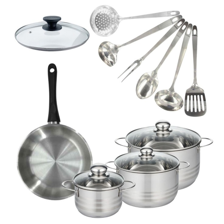 Set de 1 poêle 24 cm inox, couvercle verre, 3 faitouts inox 16, 20 et 24 cm et 6 ustensiles inox Fackelmann Geneva
