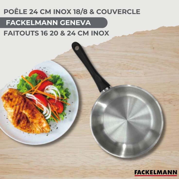 Set de 1 poêle 24 cm inox, couvercle verre, 3 faitouts inox 16, 20 et 24 cm et 6 ustensiles inox Fackelmann Geneva