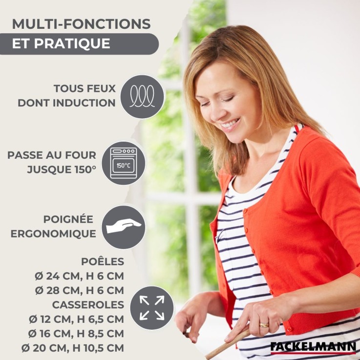 Set 2 poêles 20 et 28 cm, 3 casseroles en inox et 6 ustensiles inox Fackelmann Geneva