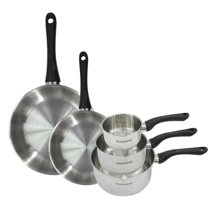 Set 2 poêles 24 et 28 cm et 3 casseroles 12 16 et 20 cm en inox Fackelmann Geneva