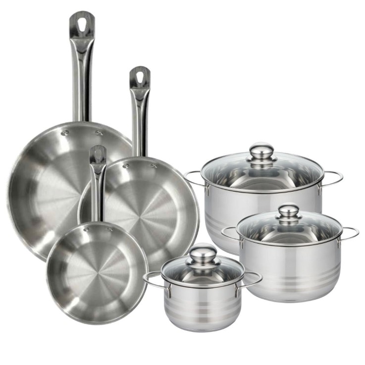 Set 3 poêles 20 24 28 cm en inox, 3 faitouts inox 16, 20 et 24 cm Fackelmann Eterna