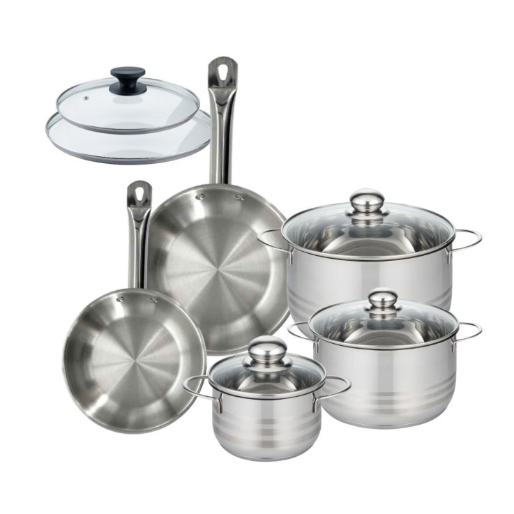 Set 2 poêles 20 24 cm en inox et 2 couvercles verre, 3 faitouts inox 16, 20 et 24 cm Fackelmann Eterna