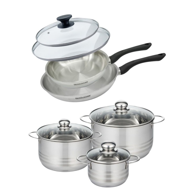 Set de 2 poêles 24 et 28 cm en inox et couvercle, 3 faitouts inox 16, 20 et 24 cm Fackelmann Geneva