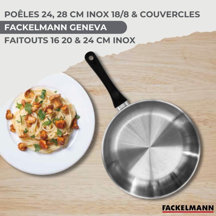 Set de 2 poêles 24 et 28 cm en inox et couvercle, 3 faitouts inox 16, 20 et 24 cm Fackelmann Geneva
