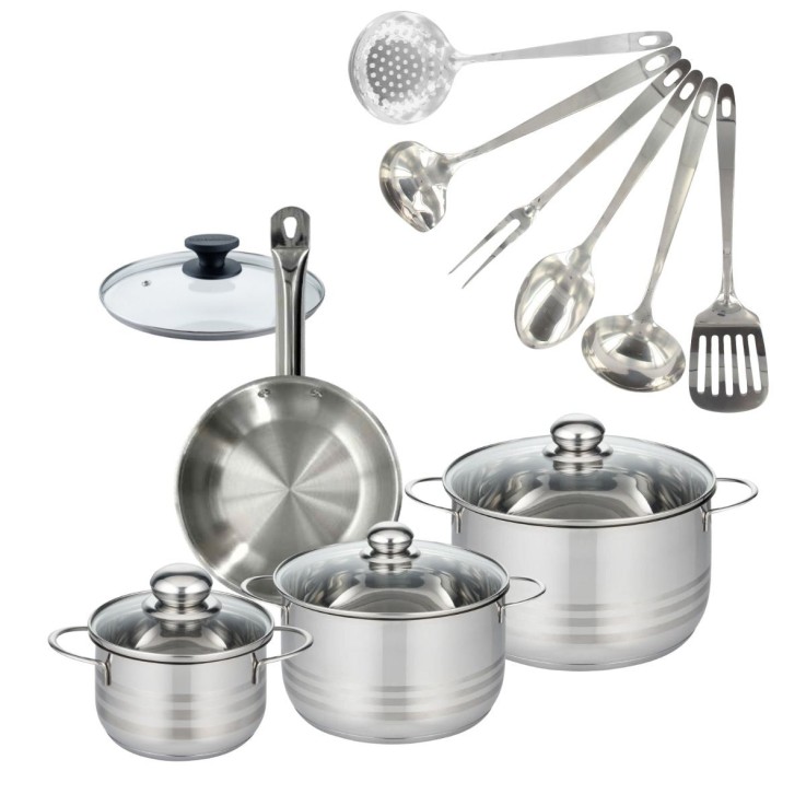 Set 1 poêle 20 cm en inox et couvercle, 3 faitouts inox 16, 20 et 24 cm et 6 ustensiles inox Fackelmann Eterna
