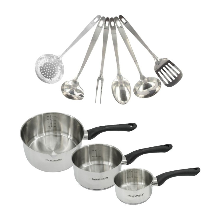 Set 3 casseroles 12 16 et 20 cm en inox et 6 ustensiles inox Fackelmann Geneva