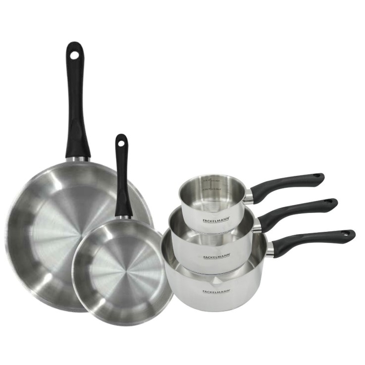 Set 2 poêles 20 et 28 cm et 3 casseroles 12 16 et 20 cm en inox Fackelmann Geneva