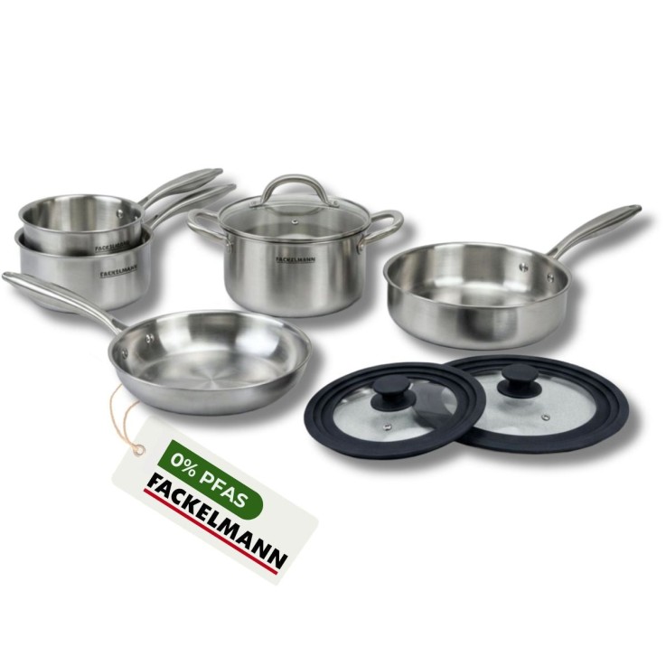Poêles à Frire 24 cm, Casseroles 14 et 18 cm, Faitout 20 cm, Sauteuse 24 cm inox 18/10 Triply et 2 couvercles Fackelmann Vita3