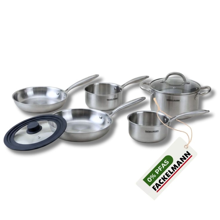 Poêles à Frire 24 et 26 cm, Casseroles 14 et 18 cm, Faitout 20 cm inox 18/10 Triply et couvercle Fackelmann Vita3