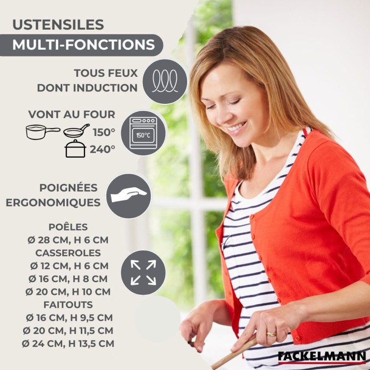 Set de 1 poêle 28 cm, 3 casseroles 12 16 20 cm et 3 faitouts 16, 20 et 24 cm en inox Fackelmann Geneva